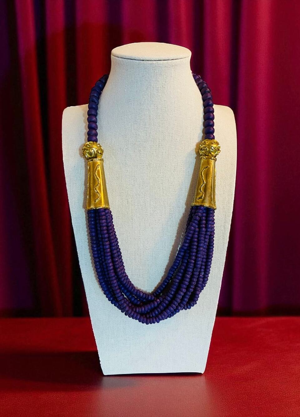 Vintage Purple Wooden Beads & Gold Beaded Necklace Jewelry Fashion Accessory